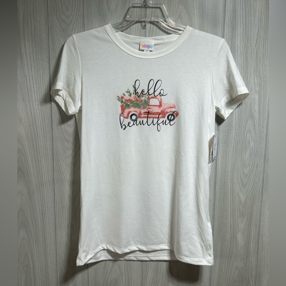LuLaRoe White Liv Short Sleeve Shirt (Hello Beautiful) Size Medium NWT